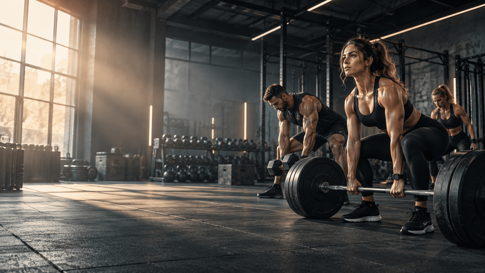 Athlete performing a barbell squat in a strength-training gym